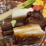 銀座 しのはら - 庄内麩チーズ挟み　水口干瓢にわさび　蛸の柔らか煮　たちかま