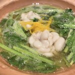 好日 - 小鍋〜葱の摺流し、北海道のタラの白子、仙台のセリ