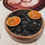 ピアッティ カステリーナ - 北海道産雲丹とマスカルポーネのタルト、ブラックオリーブの肉詰めフリット アンコーナ風