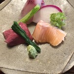 比良山荘 - お造り（こい、一本釣りされたびわます、鹿の低温ロースト