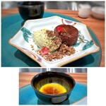 Refugeforestiere 五島 - ＊林檎のタタンは外側が飴状でカリッとした食感、中の林檎と共に頂くと美味しい。 ＊安納芋のクリームブリュレも甘すぎずいいお味。バジルアイスも好み。 3種類とも美味しいですね。♪