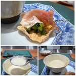 Refugeforestiere 五島 - ＊スープは里芋のなどの旨味を感じいいお味。 ＊カツオ菜ってお雑煮以外では頂いたことがないのですが、生ハムとも合い美味しいですね。