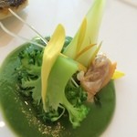 プレヴナンス - ヒメダイのポアレ　ブあロッコリーのピュレ　アサリのジュ　すっぱい辛いソース　