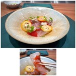 Refugeforestiere 五島 - ＊アカハタは皮目を軽く炙り、厚めにスライスされているので旨味を感じますね。 ソースは、大根の摺り下ろしとバルサミコの酸味などが調和しとても美味しい。