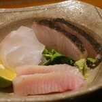 日本料理 幸庵 - 氷見の鰤、クエ、鰆炙りの刺身盛合せアップ