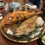 酒肴場 屯 - ノドグロとキンキの塩焼き。特大サイズのノドグロとキンキを絶妙な火入れでふわっと塩焼きに。大根おろしにちょんと醤油をたらすとバカウマ。