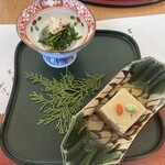 美濃吉 - 先付(胡麻豆腐&蟹と水菜柑橘浸し)