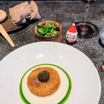 Florilege - 仕上げられた大根パイ包み揚げのお皿。クレソンのサラダ添えて。パイ包み揚げの上はとんぶりキャビア、パイ包み揚げまったりしているからとんぶりの軽快感とかクレソンサラダのさっぱりがとてもいいバランスでしたね