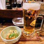 ゴーゴーホルモン亭 - 令和5年12月
営業時間(17:00〜23:00)
お通し 税込250円
キリン生ビール一番搾り、日替わり牛串(ハツもと、つくね) 税込500円