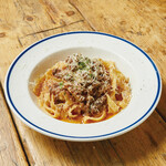 Raw minced beef bolognese tagliatelle