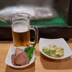 Hanashinobu - 生ビールとロマネスコと豚レバーの三点セット
