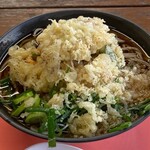 天童製麺 - かけ蕎麦＋椎茸天ぷら(100円)＋無料葱＋無料揚げ玉