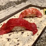 肉の匠 将泰庵 - 将泰庵 特別コース(13品)  10890円
      ［寿司］和牛の肉寿司（赤身と霜降りの二種）