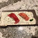 肉の匠 将泰庵 - 将泰庵 特別コース(13品)  10890円
      ［寿司］和牛の肉寿司（赤身と霜降りの二種）