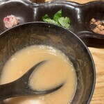麺屋 周郷 - スープ割と3種の薬味(豚と鶏の刻み焼豚,三葉,ゆかりと胡麻のごはん)