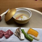 里湯昔話・雄山荘 - 焼き物　近江牛陶板焼き　蒸し物金目鯛の蕪蒸し