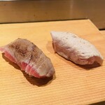 Setsukiji Sushi Sen - 中トロ炙り ビンチョウマグロ炙り