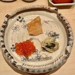 鮨 はしもと - 2023.12.  鮟肝、牡蠣の味噌漬け、筋子の味噌漬け