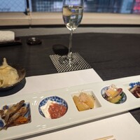 鮨 ふくじゅ - 公魚の南蛮、マスカルポーネに鯛の酒盗、鯑、烏賊酢味噌和え、蛸の柔らか煮