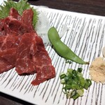 山の猿 - 馬刺しと比較対象に枝豆の図(*´^`)小ネギもパサついてて味があまりしなく、馬刺しの薬味が壊滅的でした⊂･^ミ=з=з=з=з