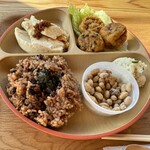 Shiro Hotaru Tofu Ten - 「酵素玄米ごはん」、「寄せ豆腐と自家製醤油麹」、「揚げ物生姜テリタレ和え」、「おからサラダ」「発酵太豆（納豆）