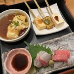 Washoku Tachibana - お造り盛り合わせ、揚げ出し豆腐〜湯葉あんかけ、豆腐田楽