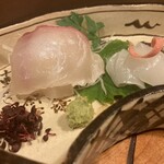 すっぽん鍋 鱧料理 三栄 - お刺身　鯛昆布締め　イカ