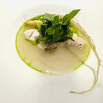 apothéose - 明石鯛の湯引きを「いのちのいち」というお米と鶏のブイヨンで！