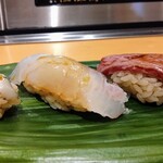 宮城の魚と赤酢のお寿司 魚が肴 - ④の皿：活あわび、真鯛、仙台牛炙り