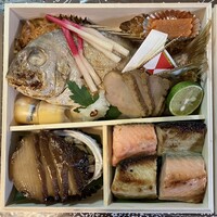 鰻割烹 伊豆栄 本店 - ⚫︎弐の重
                    市松（鮭粕漬、鱈西京漬）
                    祝鯛、合鴨紅梅ロース
                    鮑大船煮、切烏賊　他