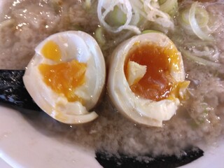 Tera Ccho - 特製ラーメン980円(太麺、麺硬めアブラダブル味薄め)メンマ130円の味玉子(2023.12.4)