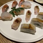 たつみ寿司 総本店 - サバ　エビ　カンパチ　煮アナゴ