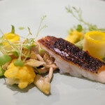 Élan - ランチコース 5832円 の長崎の天然ひらめ 黄色と緑の野菜 たもぎ茸 サフラン