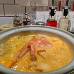 新潟 三宝亭 東京ラボ - 渡り蟹の鍋焼き味噌らーめん 1350円、新潟のライス 小 110円