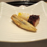 新宿割烹 中嶋 - フグの一夜干しにタコの軟らか煮、柚子を散らした茶イモ。