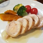 キッチン ブルー グローブ - 鶏肉と海老のすり身のバロンティーヌのアップ