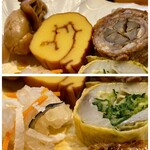 鮨 浩也 - 上段
            ☆ 牡蠣の大和煮
            ☆ 伊達巻き
            ☆ 牛八幡巻き
            下段
            ☆ 紅白なます
            ☆ カンパチ金糸巻