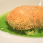 ラ・ヴェーナ・デル・レンニョ - 「パート・カダイフを巻いた鱈の白子のグリル、白菜のブレゼ添え、ペルノ風味のバジリコソース」