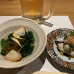 Kinichirou - 法蓮草のおひたしと、蒸し牡蠣のおろしポン酢