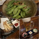 虎馬 - チーズカリカリ・枝豆ペペロンチーノ・生ビール＆お通し