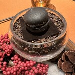 モノリス - 竹炭を練り込んだマカロン、クミン風味のニンジンムース