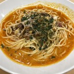 下川六〇酵素卵と北海道小麦の生パスタ 麦と卵 - トマトとニンニクの小悪魔風スープ