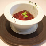 ラ・リューン - ランチコース 5000円 の雲丹とトマトのソルベ 茄子の煮浸し コンソメジュレがけ ライム風味