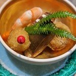 御料理 良所 - 香箱蟹コロッケと海老、干柿のミルフィーユ