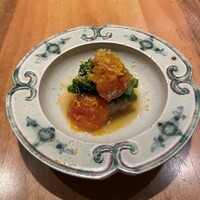 nishinakasu泥川武士 - 帆立、炊き菜の花、フルーツトマト、レモン、からすみ