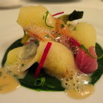 ラ・ヴァガボンド - 〈天草〉『豆きんき』のブレゼと小さなラヴィオリ
      オニオンヌーヴォ　カーヴォロ・ネロ　北あかりのエクラゼ
      ブール・ブランとサフランのエルミション
      