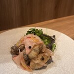 Marinated Oyster, winter vegetables, and pomelo