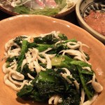 金町製麺 - '13/12/12 スズキの刺身＋牛バラ肉の漬け込み焼き＋白魚と菜花のペペロン炒め