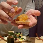 銀座 しのはら - フォアグラ最中　あんぽ柿　ウイスキーゼリー