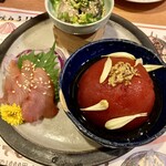 Saketo Tsumami Fuchuu Furatto - 牡蠣のオイル煮　マグロ生ハム　トマトのお浸し